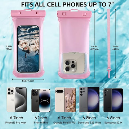 2PCS Waterproof Phone Pouch- [3D Soft Edges Design ], Waterproof Phone Case for iPhone Galaxy Google Up to 8", Dry Bag for Beach Cruise Travel, Pink/Pink