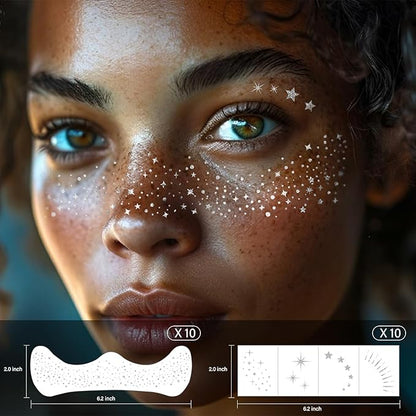20 Pcs Silver Face Makeup Patches, Glitter Freckles Face Tattoo, Easy Application Sparkle Makeup Freckles, Waterproof Glitter Freckles Patches for Women (Silver)