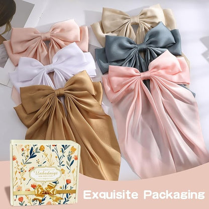 6 PCS Hair Bows for Women, Big Bow Hair Clips for Girls, Silky Satin Hair Bows Clips Oversized Long Tail, Large Hair Barrettes Cute Hair Accessories, Metal Bow Hair Clips khaki color