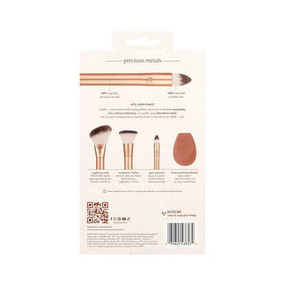 EcoTools Precious Metals Face Blend & Sculpt Set, Makeup Brush Set For Foundation, Concealer, & Powder, Makeup Sponge, Eco-Friendly, Recycled Aluminum, Chrome, Cruelty-Free, 4 Piece Set