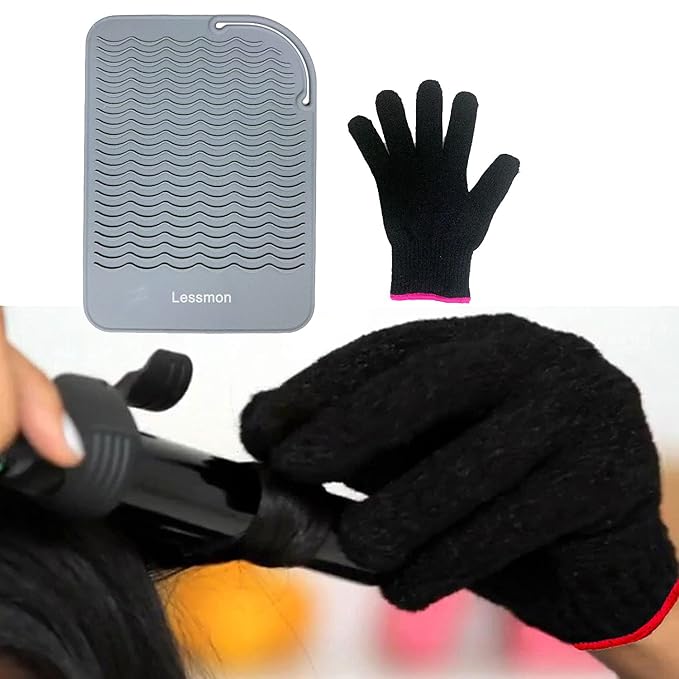 Flat Iron Travel Mat, Curling Iron Counter Protector with Heat Resistant Glove for Curling Irons, Hair Straightener, Flat Irons and Hair Styling Tools, 9” x 6.5”, Gray by Lessmon