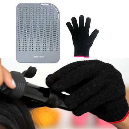 Flat Iron Travel Mat, Curling Iron Counter Protector with Heat Resistant Glove for Curling Irons, Hair Straightener, Flat Irons and Hair Styling Tools, 9” x 6.5”, Gray by Lessmon