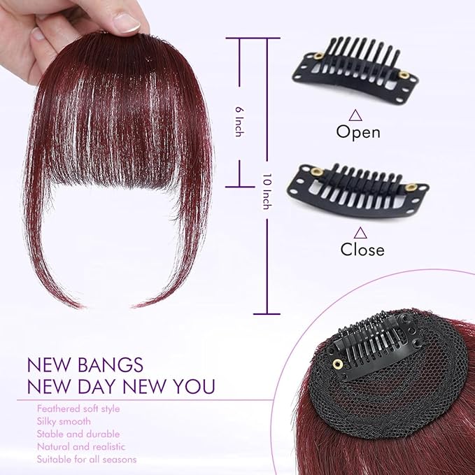 100% Real Human Hair Extensions Wispy Clip in Burgundy Fake Bangs Hair Clip on for women Fringe with Temples Hairpieces Faux Bangs for Daily Wear