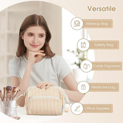 Narwey Striped Makeup Bag Women Wide-open Make up Bag Travel Cosmetic Bag Organizer Toiletry Bag for Cosmetics Toiletries Accessories (Brown Stripe)
