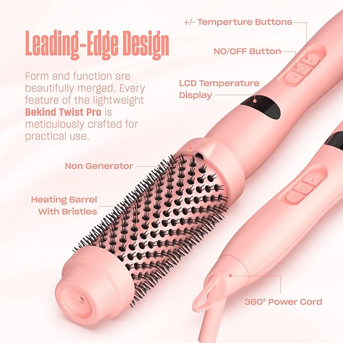 Bekind Twist Pro Thermal Brush - 1.5 Inch Versatile Heated Round Hot Air Brush, Effortless Blowout Curling Hair Styling Tools, Negative Ion Blow Out Hot Round Brush, 20s Fast Heats (Peach)