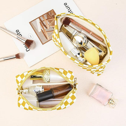 2 Pcs Checkered Makeup Bag Large Cosmetic Bag Toiletry Bag Makeup Pouch Travel Bag Organizer Cute Makeup Brushes Aesthetic Accessories Storage Bag for Women Golden Yellow