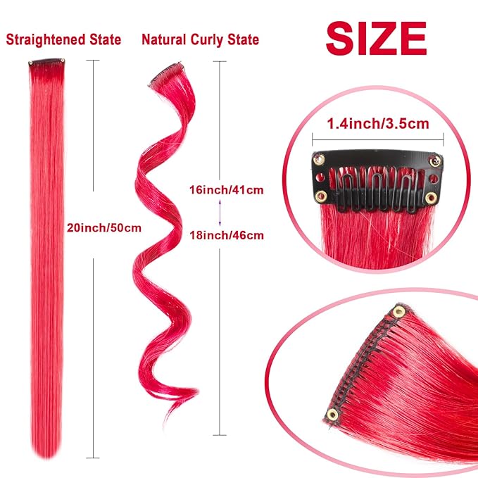 10 PCS Red Hair Extensions, Curly Wavy Synthetic Hairpieces Clip in Rainbow Neon Party Highlights, Colorful Hair Accessories for Girls Women 17 inch (Red)