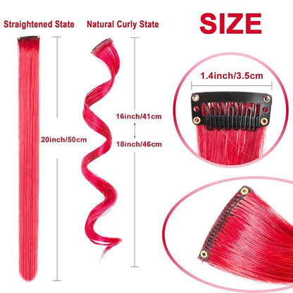 10 PCS Red Hair Extensions, Curly Wavy Synthetic Hairpieces Clip in Rainbow Neon Party Highlights, Colorful Hair Accessories for Girls Women 17 inch (Red)