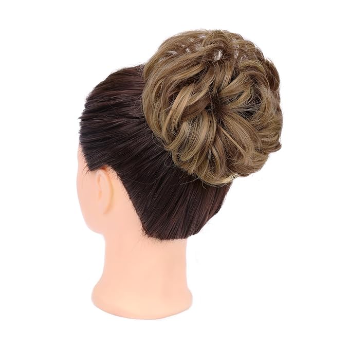MORICA 1PCS Messy Hair Bun Hair Scrunchies Extension Curly Wavy Messy Bun Synthetic Chignon Hairpieces for Women (Strawberry Blonde & Light Ash Brown)