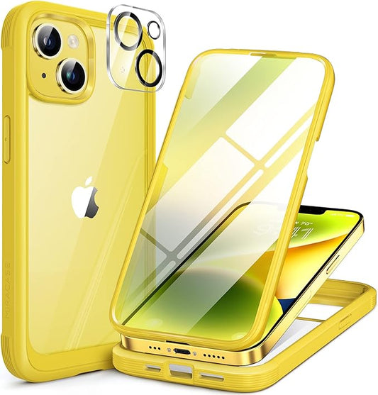 Miracase Glass Series Designed for iPhone 14 Case 6.1 inch, 2022 Upgrade Full-Body Clear Bumper Case with Built-in 9H Tempered Glass Screen Protector and Camera Lens Protector,Lemon