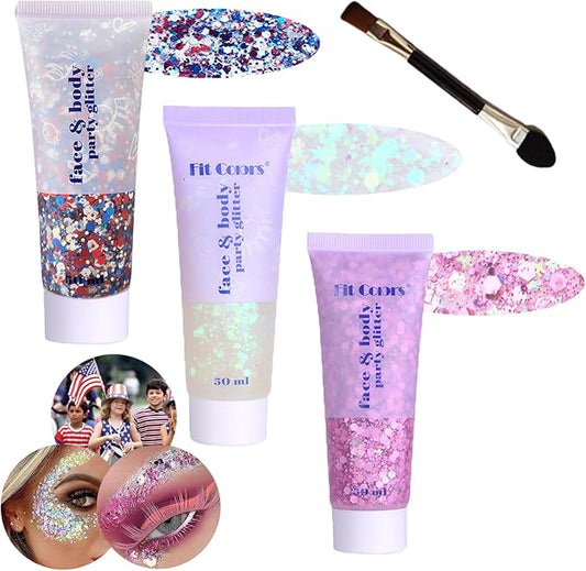 Body Glitter Face Glitter Gel: Singer Concerts Disco Festival Rave Accessories Face Glitter Makeup 150ml Chunky Sequins Mermaid Face Body Hair Glitter Gel (USA Pride&White&Pink)