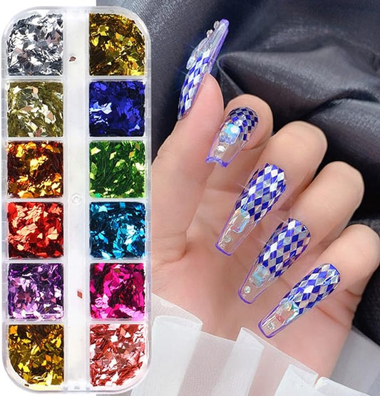 3D Sparkly Glitter Sequins, Holographic Rhombus Shape Glitters Nail Flakes, 12 Colors Rhombus Nail Art Glitter Design for Women, DIY Shiny Fingernail Crafts Decorations