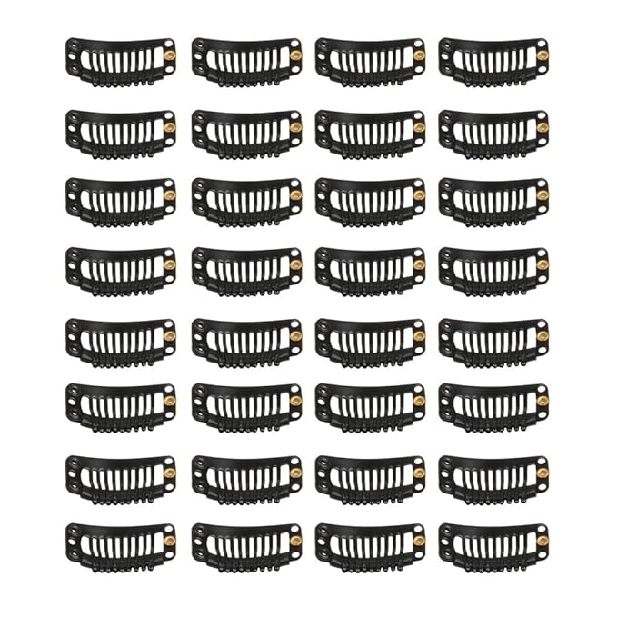 30pcs 9 Teeth Stainless Steel Snap Comb Wig Clips, Hair Extension Clips, Wig Accessories Clip with 30 Assorted Sewing Needles and 2 Rolls Thread (Black)