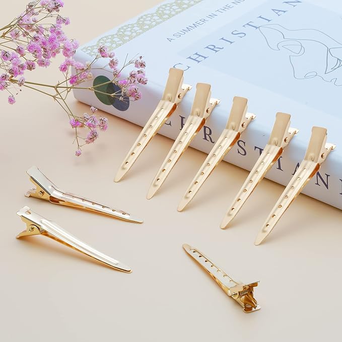 24 Packs Duck Bill Clips, Bantoye 2.75 Inches Rustproof Metal Alligator Curl Clips with Holes for Hair Styling, Hair Coloring, Gold