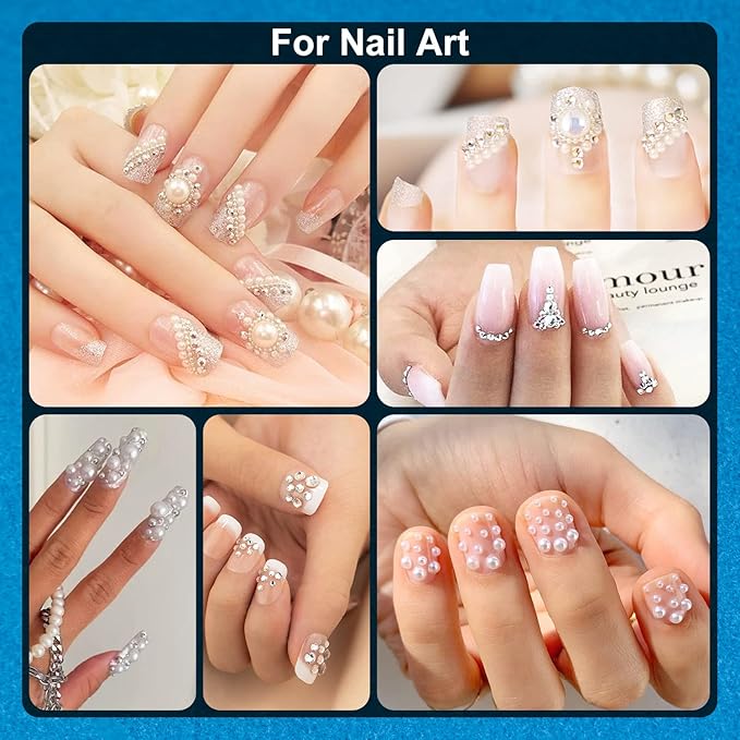 Nail Art Rhinestone Glue Gel&2 Boxes Flatback Gems Kit, 1 Tube of 15ml Rhinestone Gel Glue(UV/LED Needed)+Round Clear Gems+Flat-Back Half Round White&Beige Pearls with Pickup Tools