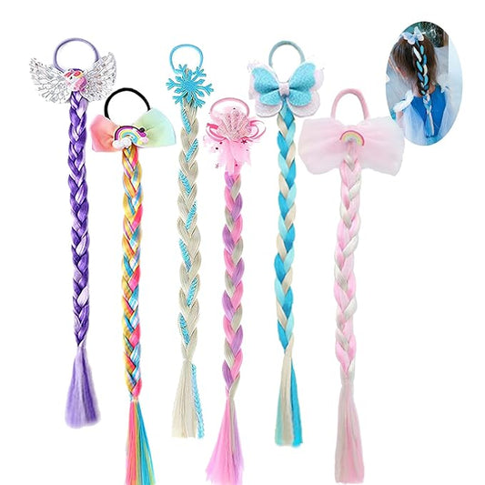 Ozzwolle 6 Pcs Girls Braid Hair Extensions Hairpieces, Colored Ponytail Extensions Rainbow Hair Pieces for Kids Little Girls