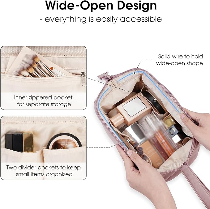 Narwey Large Makeup Bag Women Wide-open Make up Bag Travel Cosmetic Bag Organizer Toiletry Bag for Cosmetics Toiletries Accessories (Dusty Rose)