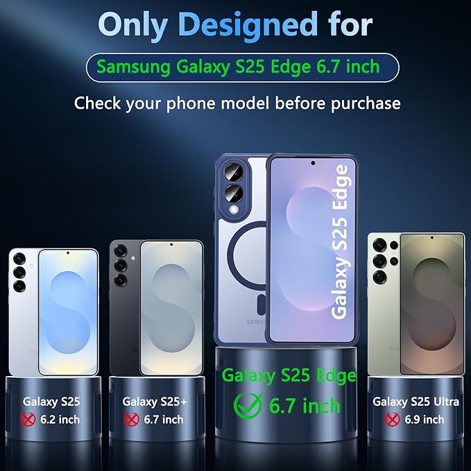 OWKEY for Samsung Galaxy S25 Edge Case 6.65'',Magnetic S25 Edge Case for Magsafe with Tempered Glass Screen, [Shockproof Military] Translucent Back Slim Bumper Cover Phone Case Galaxy s25 Edge,Blue