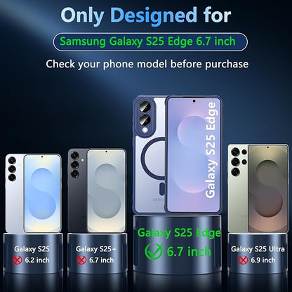 OWKEY for Samsung Galaxy S25 Edge Case 6.65'',Magnetic S25 Edge Case for Magsafe with Tempered Glass Screen, [Shockproof Military] Translucent Back Slim Bumper Cover Phone Case Galaxy s25 Edge,Blue