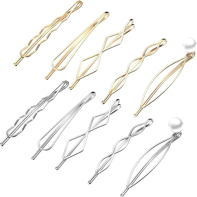 10 Pieces Geometric Metal Hair Clips and Barrettes for Women - Hair Styling Pins, Minimalist Wedding Accessories and Headwear (Gold, Silver)