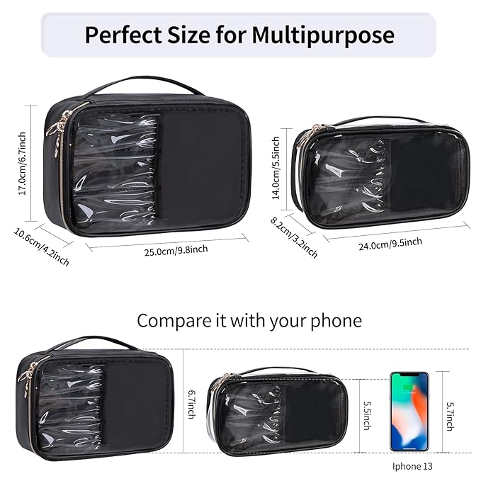 OCHEAL Clear Makeup Bag, Portable Cosmetic Bag Storage, Travel Makeup Bag Cute Clear Pouch For Women and Girls Cosmetics Bags with Divider Makeup Brush Compartment-Black PU Large