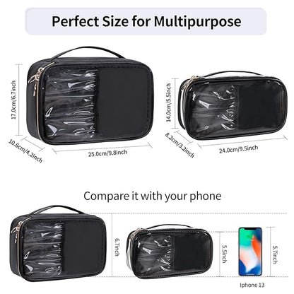 OCHEAL Clear Makeup Bag, Portable Cosmetic Bag Storage, Travel Makeup Bag Cute Clear Pouch For Women and Girls Cosmetics Bags with Divider Makeup Brush Compartment-Black PU Large