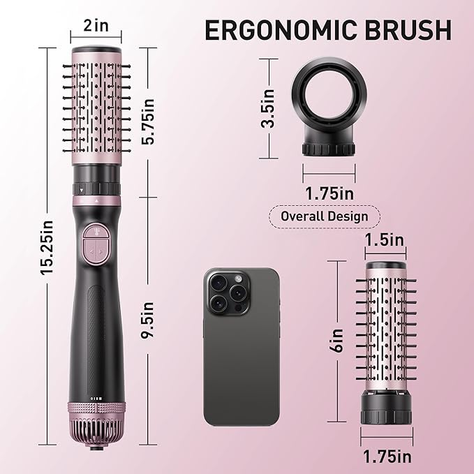3-in-1 Rotating Hair Dryer Brush Blow Dryer with Interchangeable Heads, Hair Styling Tools for Straightening/Drying/Curling, Spinning Thermal Brush Blowout Set for Long Hair, Rose Gold