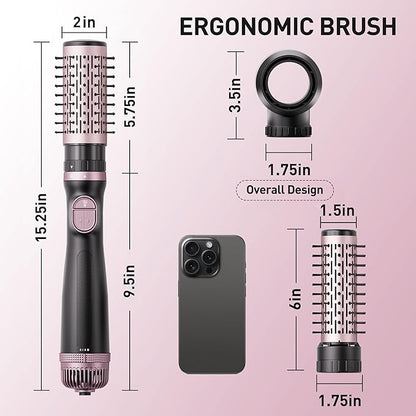 3-in-1 Rotating Hair Dryer Brush Blow Dryer with Interchangeable Heads, Hair Styling Tools for Straightening/Drying/Curling, Spinning Thermal Brush Blowout Set for Long Hair, Rose Gold