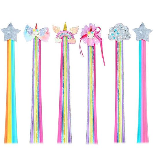 6 Set Rainbow Colored Straight Hair Clips with Unicorn Accessories - Thick Wig Bangs and Ponytail Extensions for Girls