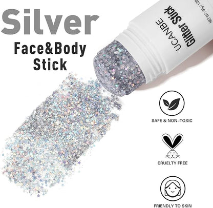 UCANBE Silver Body Glitter Stick for Singer Concerts Music Festivals, Face Glitter Makeup for Face Body Hair Eyes & Lips, Chunky Glitter Sparkling Mermaid Sequins for Women 1.2OZ