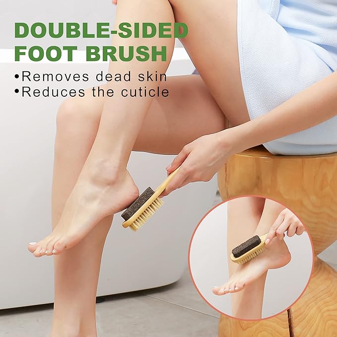 Natural Boar Bristle Dry Brush - Exfoliating Body, Face & Foot Brush, Long Handle Back Scrubber, Meridian Pressure for Lymphatic Drainage & Cellulite
