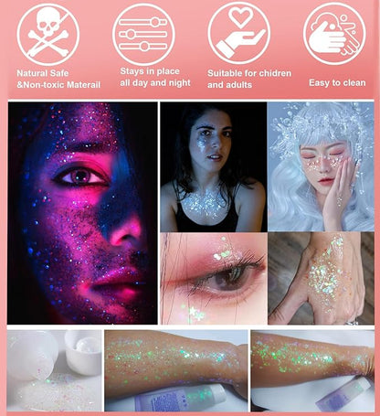 Go Ho Clear White Face Body Glitter,Mardi Gras Festival Rave Outfits for Women&Kids,Holographic Mermaid White Face Paint,Halloween Fairy Makeup Chunky Glitter Sequins Gel,Rave Accessories,52g