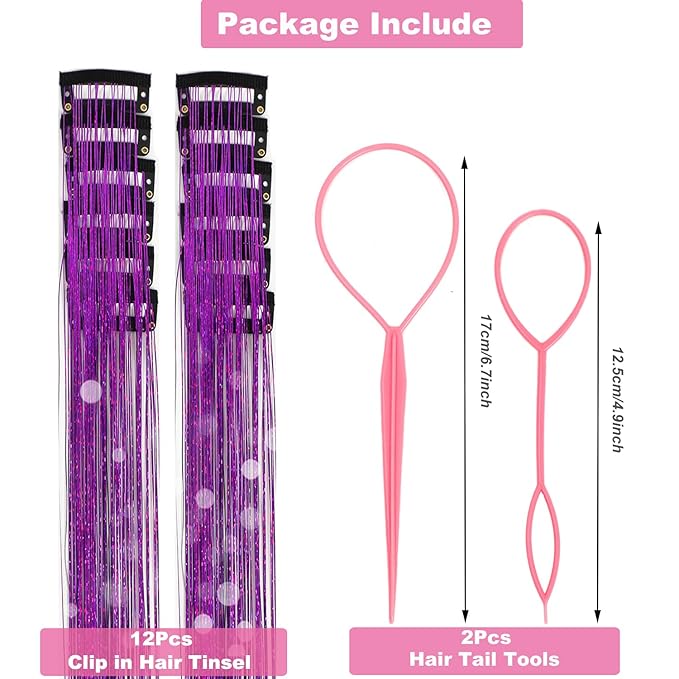 12Pcs Hair Tinsel Clip in Glitter Tinsel Hair Extensions 19.6Inch Clip in Hair Tinsel Kit Heat Resistant Shiny Sparkly Fairy Hair Accessories for Women Girls Kids (Purple)
