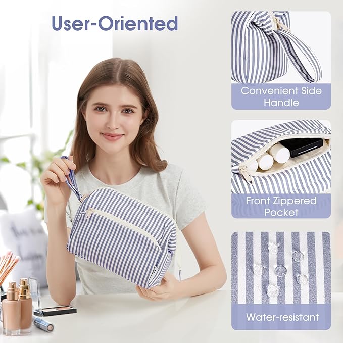 Narwey Striped Wide Open Makeup Bag Women, Travel Toiletry Bag for Women Cosmetic Bag Organizer Make up Bags with Compartments, Gift for Teen Girls (Greyish Blue Stripe)