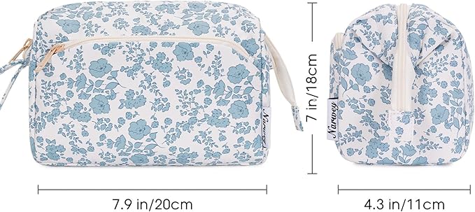 Narwey Cute Floral Makeup Bag Wide-open Make up Bag Travel Cosmetic Organizer Toiletry Bag for Cosmetics Toiletries Accessories (Little Blue Flower)