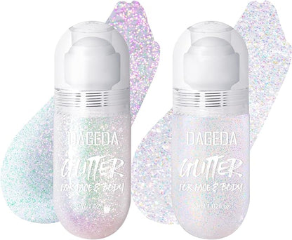 DAGEDA 2Colors Roll-on Body Glitter Gel for Body, Hair, Face, Holographic Glitter Makeup for Rave Accessories, Body Shimmer Hair Glitter Gel for Halloween Makeup(Dazzle + Sprakling Pink)