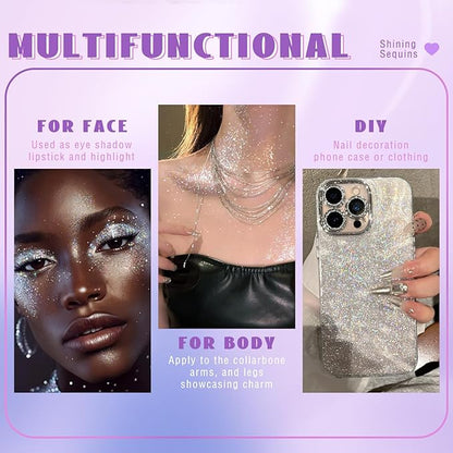 Roll-on Holographic Body Glitter Gel for Face Hair, Chameleon Color Changing Glitter Gel Under Light, Chunky Mermaid Sequins Festival Party Rave Accessories Shimmer Makeup (17# Silver)