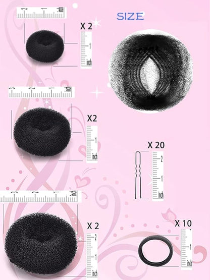 Hair Bun Maker, Hair Doughnut Shaper (6PCS, 3 Sizes: Large 3.5IN, Medium 3IN, Small 2IN, Black) - Hair Styling Accessories Kit Includes Elastic Bands, Bobby Pins, Invisible Hair Nets