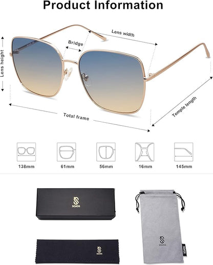 SOJOS Trendy Oversized Square Metal Frame Sunglasses for Women Men Retro Big Flat Lens UV Protection Sunglasses SJ1146