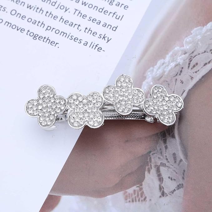 Boho Rhinestone Flower Hair Clip Crystal Floral Cluster Hairpin Barrette Silver Four-leaf Clover Non-Slip Geometric Hair Barrettes Wedding Headpiece Hair Styling Accessories for Women Girls