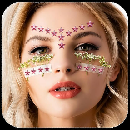 264Pcs Star Face Gems Eye Gems, Self-Adhesive Face Jewels Rhinestones 5/7/10 mm DIY Face Gems Stick on, Patriotic Makeup Gems Rave Accessories for Face Eyes Hair Makeup Body, Crafts (Pink-Star)