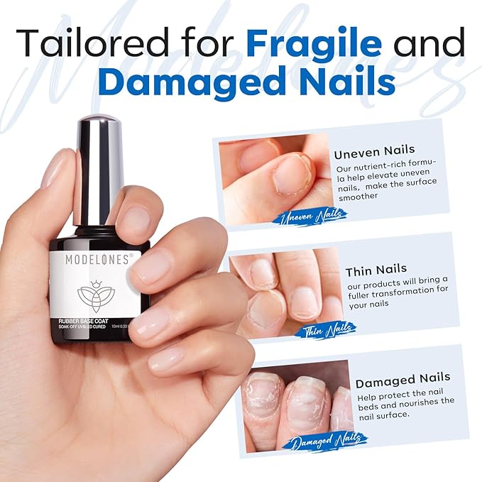 modelones Rubber Builder Gel Base Coat for Nails, Clear Rubber Base Gel Nail Polish for Strengthen/Apex Building/Enhance/Reinforced Long Lasting Protect Soak Off U V LED For Thin Weak Nails