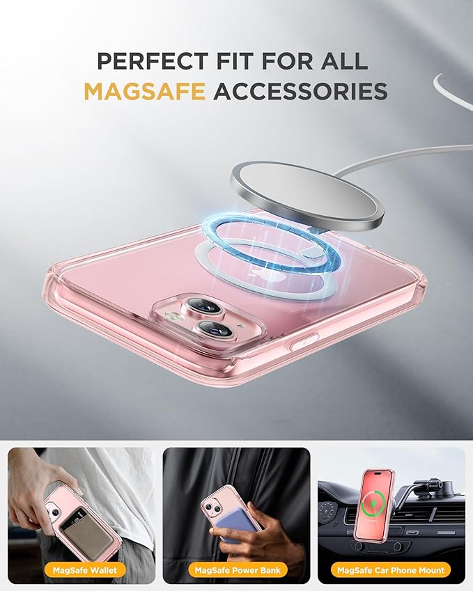 Miracase Glass Series for iPhone 15 Case [Compatible with MagSafe] Full-Body Magnetic Case with Built-in 9H Tempered Glass Anti-Fingerprint Screen Protector + Camera Lens Protector, Transparent Pink