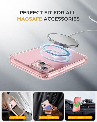 Miracase Glass Series for iPhone 15 Case [Compatible with MagSafe] Full-Body Magnetic Case with Built-in 9H Tempered Glass Anti-Fingerprint Screen Protector + Camera Lens Protector, Transparent Pink
