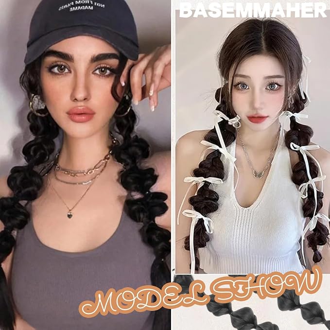 2 Pcs Bubble Ponytail Wig Synthetic Braided Hair Extensions with Hair Ties, Wrap Around Pony Tail Hairpieces for Women & Girls (Black)