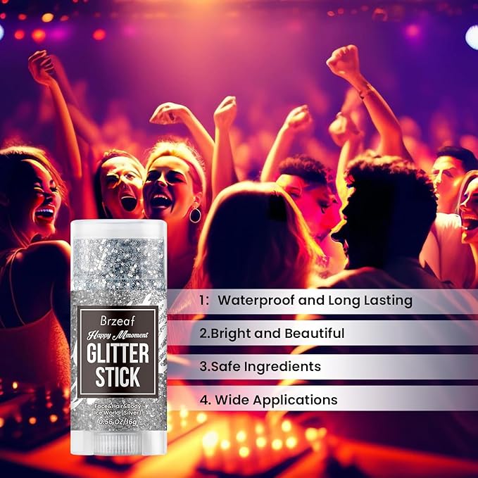Brzeaf Silvery Body Glitter Stick, Waterproof & Long Lasting, Hair Eyeshadow Face Body Glitter, Singer Concert Music Rave Festival, Glitter Stick Makeup & Face Glitter Gel