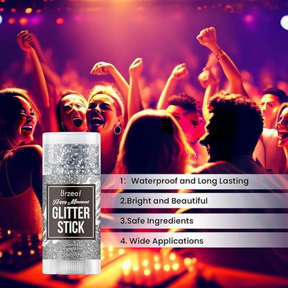 Brzeaf Silvery Body Glitter Stick, Waterproof & Long Lasting, Hair Eyeshadow Face Body Glitter, Singer Concert Music Rave Festival, Glitter Stick Makeup & Face Glitter Gel