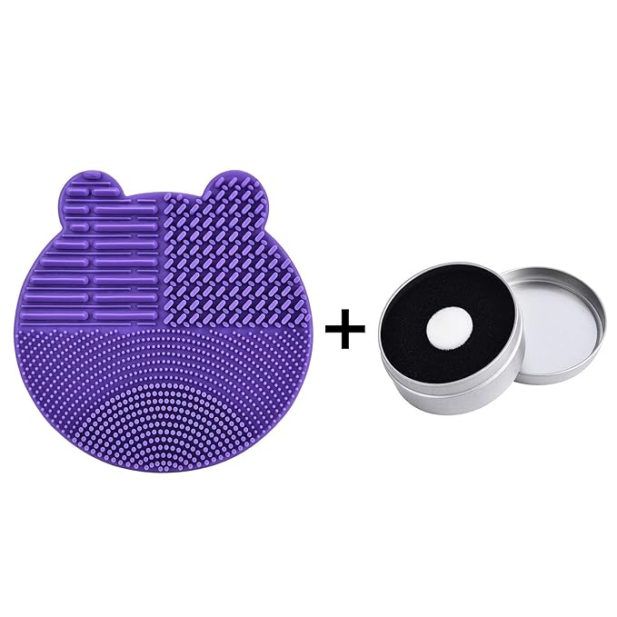 Silicon Makeup Brush Cleaner Mat with Brush Drying Manual Make up Brush Cleaner Cleanser Machine Cosmetic Brush Cleaning Pad+Makeup Brush Dry Cleaned Quick Color Removal Sponge Scrubber Tool(Purple)