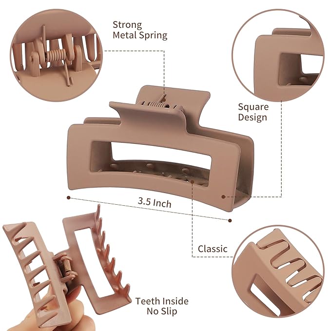 3.5 Inch Medium Hair Claw Clips 12 Pcs Square Claw Clips for Thick and Thin Hair Rectangular Rectangle Hair Clips Jaw Clips Bulk Hair Accessories for women and Girls - Brown