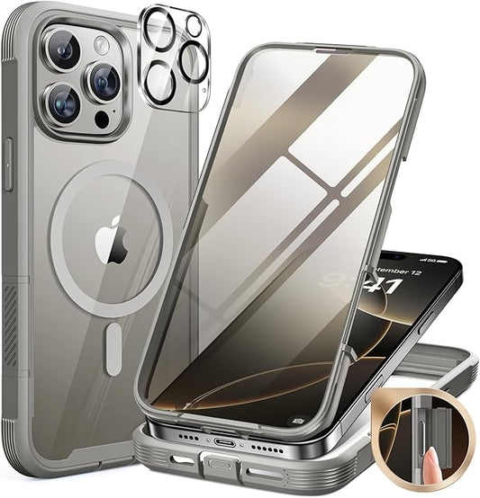Miracase for iPhone 16 Pro Max Case 6.9'', [Bubble Free] Full-Body Bumper Phone case with Built-in Full Glass Screen &Lens Protector,Compatible with MagSafe,Drop Proof 16 Pro Max Cover,Titianium